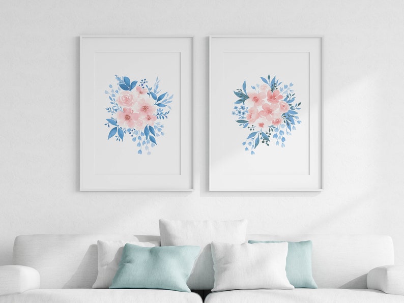 Blue and Pink Flower Wall Art Set of 2 Watercolor Floral Etsy