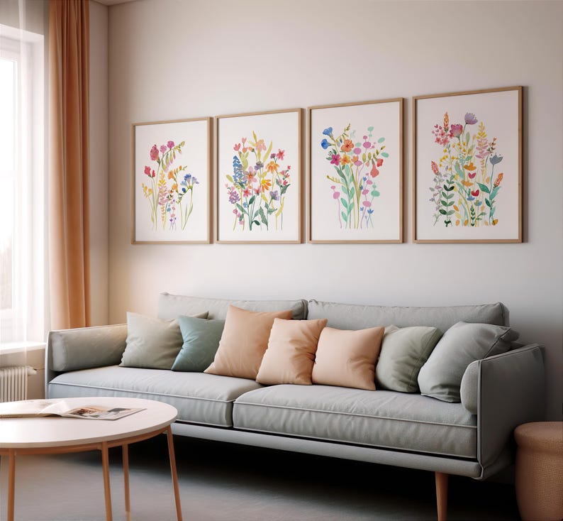 Wildflower Watercolor Print Set, Colorful Floral Wall Art (digital ...