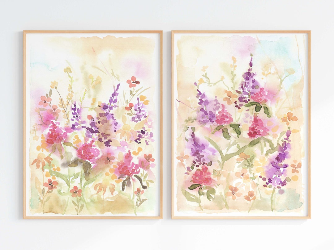 Colorful Floral Watercolor Print Set of 2, Bright Wildflower Wall Art ...