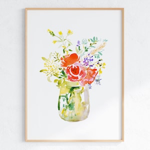Colorful Flower Wall Art, Farmhouse Floral Wall Decor, Kitchen Art, Flower Bouquet Print, Botanical Watercolor, Printable Wall Art Download