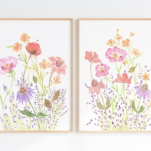Floral Aquarell Print 2er-Set, Wildblumen Wandkunst, druckbare bunte Blumen Poster, digitaler Download Kunst
