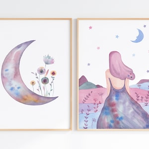 Stay Wild Moon Child Poster Set, Whimsical Art, Boho Moon Print Set Of 2, Celestial Watercolor Digital Download