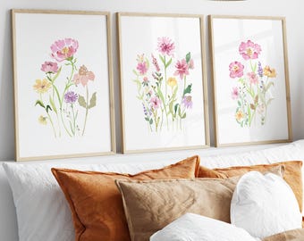 Watercolor Floral Nursery Art Prints: Set of 3, Baby Girl Room (Digital Download)