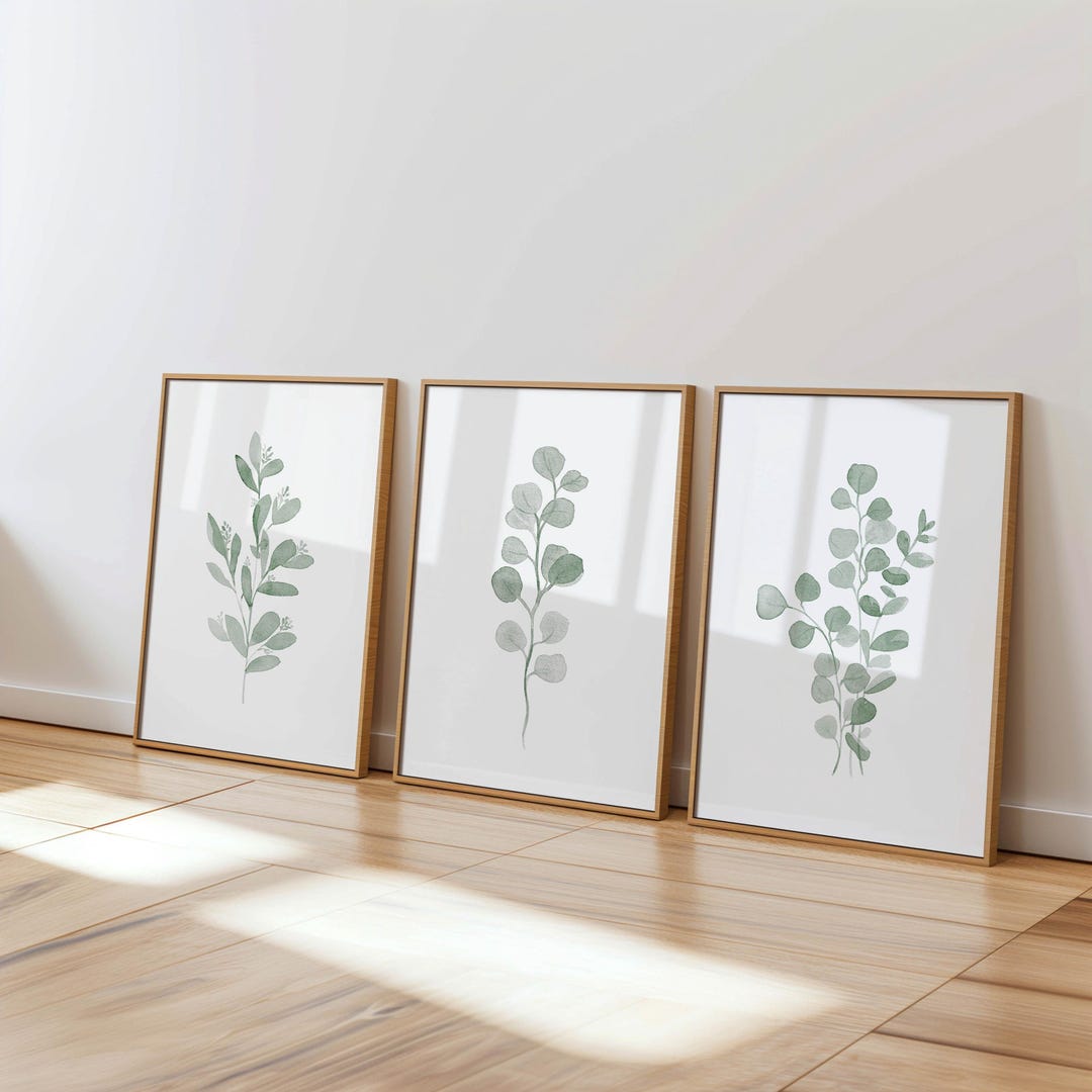 Eucalyptus Watercolor Prints, Sage Green Botanical Wall Art Set of 3 ...