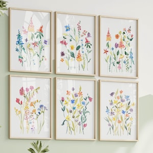 Watercolor Flower Prints Set Of 6 Floral Gallery Wall Art Little Girls Room Decor Wildflower Bundle Bright Kids Room Posters Downloadable