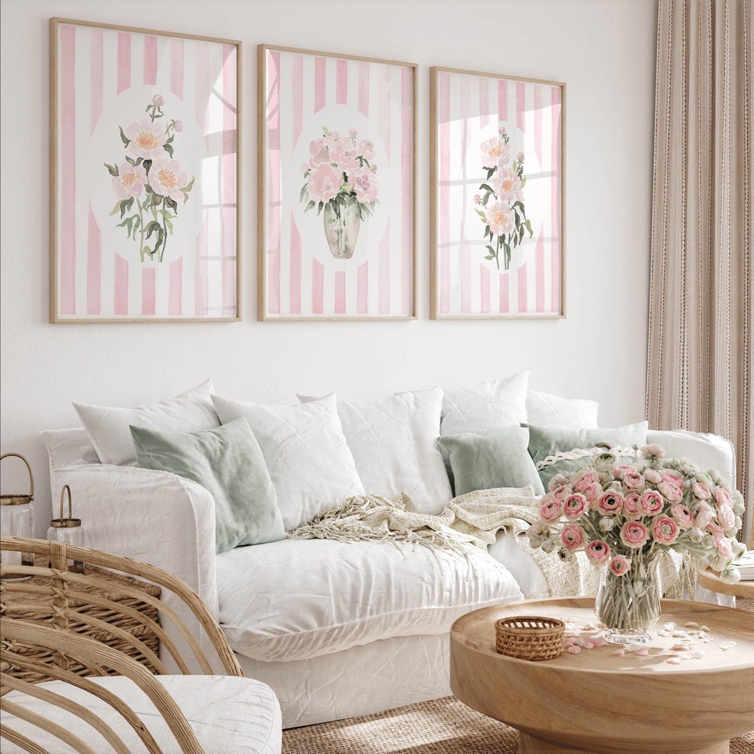 Light Pink Floral Prints Vintage Peony Wall Art Set of 3 Living Room ...