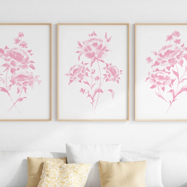 Blush Pink Peony Wall Art Set Of 3, Light Pink Flower Watercolor Prints, Floral Digital Posters