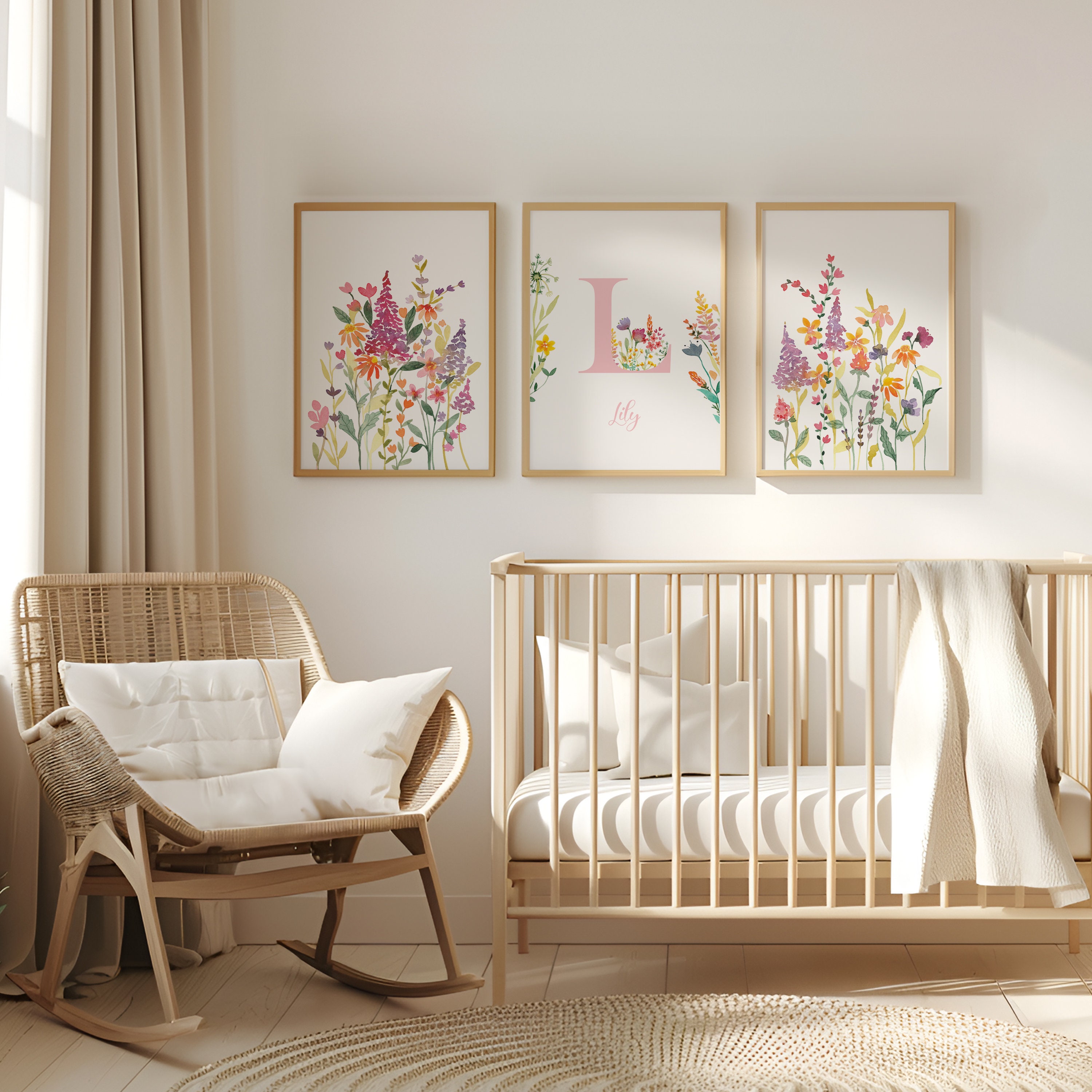 Floral Initial Nursery Art: Wildflower Watercolor Print Set, Baby Girls ...