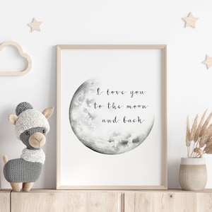 Maan en rug kinderkamerprint: aquarel maan, liefdescitaat (digitale download)