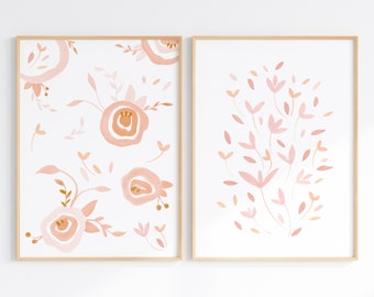 Boho Girl Nursery Decor, Wall Art Set Of 2 Blush Floral Prints, Flower Watercolors Printable, Digital Download