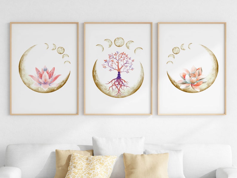 Boho Moon Wall Art Moon Phase Print Celestial Watercolor Etsy