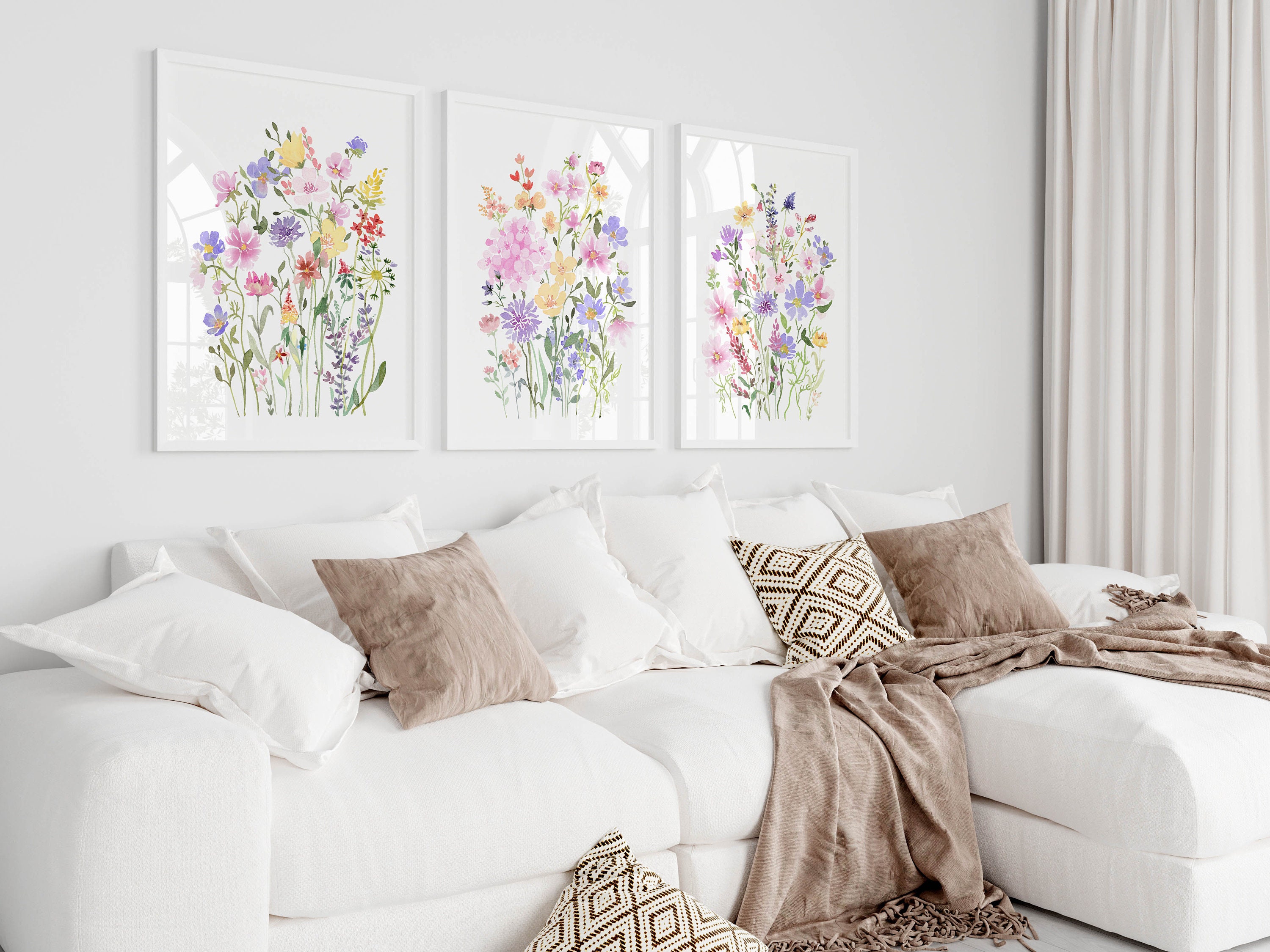 Colorful Flower Wall Art Set of 3, Printable Wildflower Watercolor ...