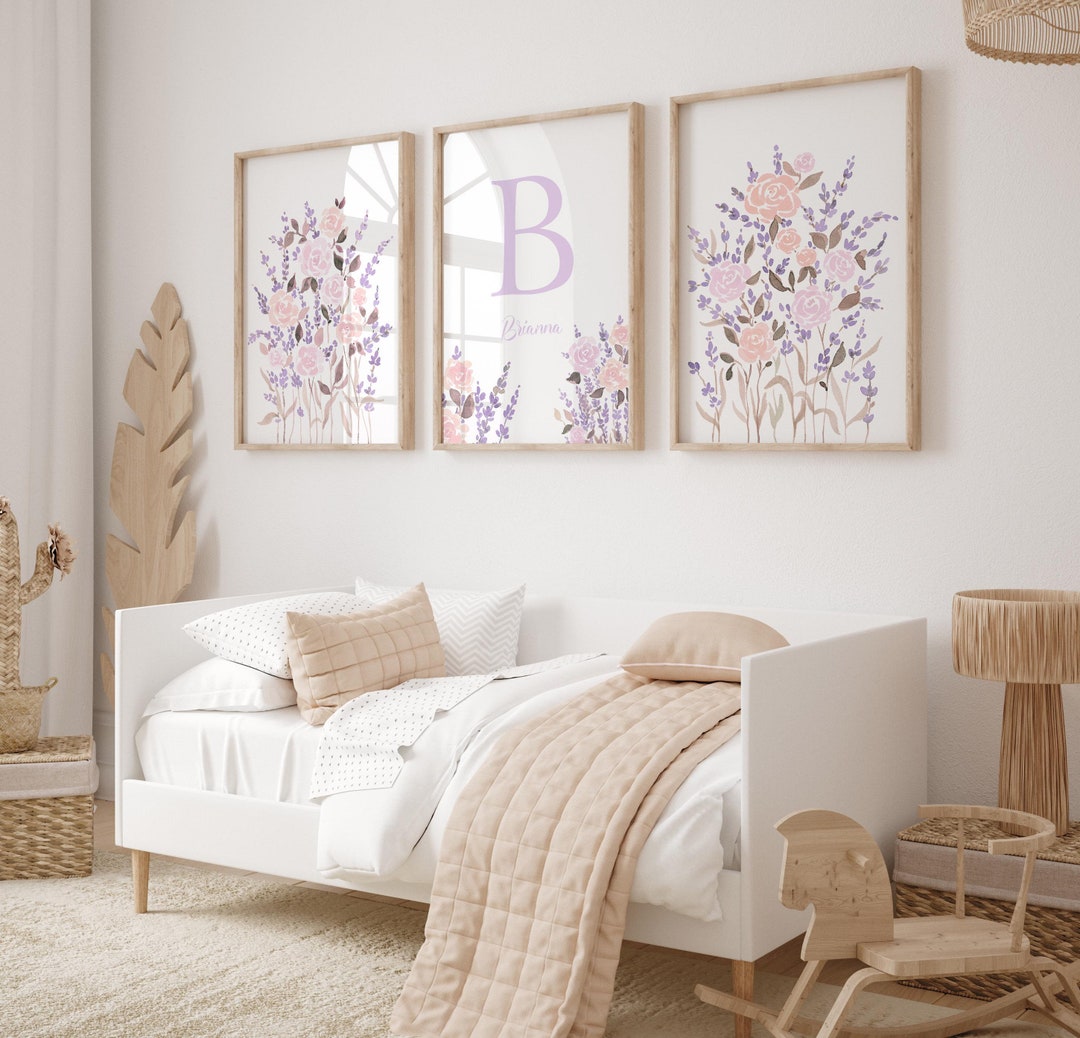 Soft Lavender Floral Nursery Wall Art Set of 3 Pastel Pink and Lilac ...
