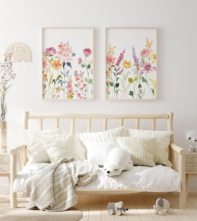 Watercolor Wildflower Prints: Girl Nursery Wall Art, Set of 2 (digital ...