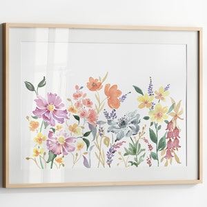 Wildflower Watercolor Print, Horizontal Floral Artwork, Printable Flower Wall Art, Digital Download Art