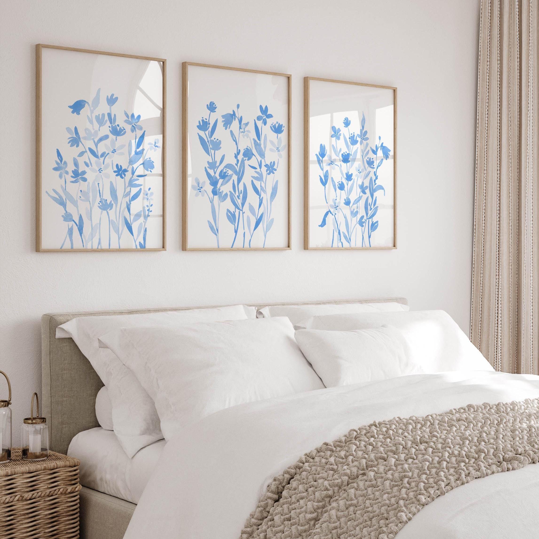 Light Blue Cute Flowers Wall Decor for College Dorm Room Wall Art Blue and White Floral Art Set Of 3 Watercolor Prints for Girls Bedroom Art