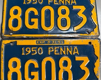 Vintage Matching Set of Two (2) PA 1950 License Plates in Good Condition