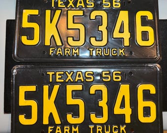 Vintage Original Set  of Two (2) Matching  1956 Texas Farm Truck License Plates in Mint Condition