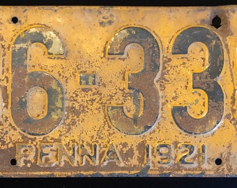 Vintage original 1921 PA License Plate in good condition
