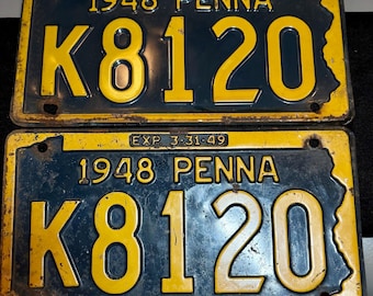 Vintage original set of two 2) matching 1948 PA license plates in good  condition