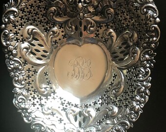 Vintage Monogrammed Sterling Silver Heart Candy Dish, Victorian Floral Repousse