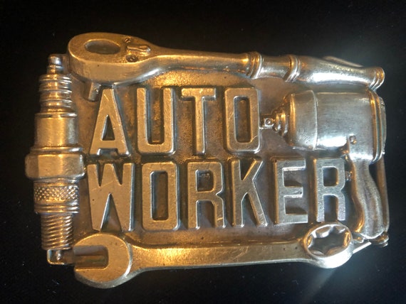Vintage Original Brass Auto Worker Brass Buckle i… - image 1