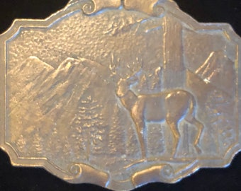 Vintage Brass Belt Buckle: Deer & Mountain Scene