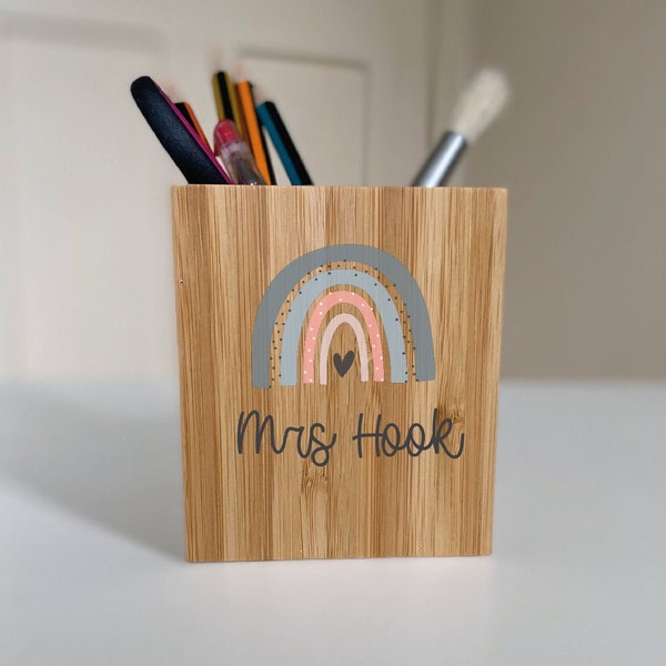 Pencil pen pot teachers gift personalised rainbow thank you