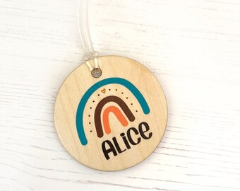 Bag charm name tag wooden children’s personalised rainbow badge luggage