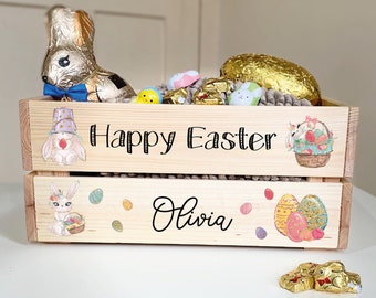 Wooden easter crate box treat treats child’s gift personalised grey bunny unisex boy girl