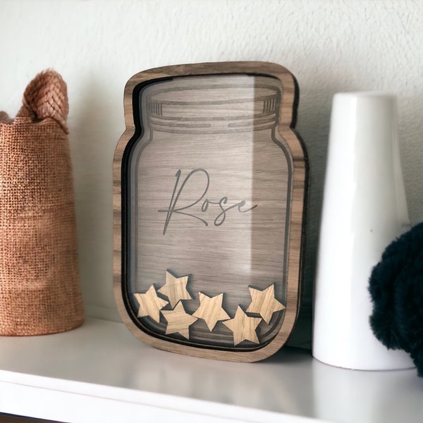 Rustic Wooden Reward Chart | Mason Jar Design | 16cm Height | Personalised Engraving | Motivate Kids with Oak Veneer Stars