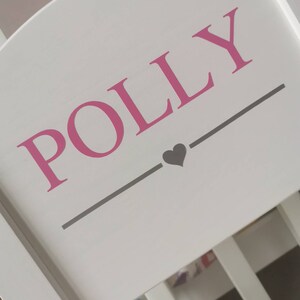 Pu&ograve; includere: Testiera in legno bianco con il nome "POLLY" scritto in lettere rosa e un piccolo cuore grigio sotto il nome.
