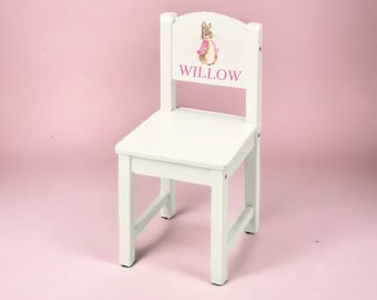 Children's kids wooden chair personalised boy girl white rabbit first birthday gift