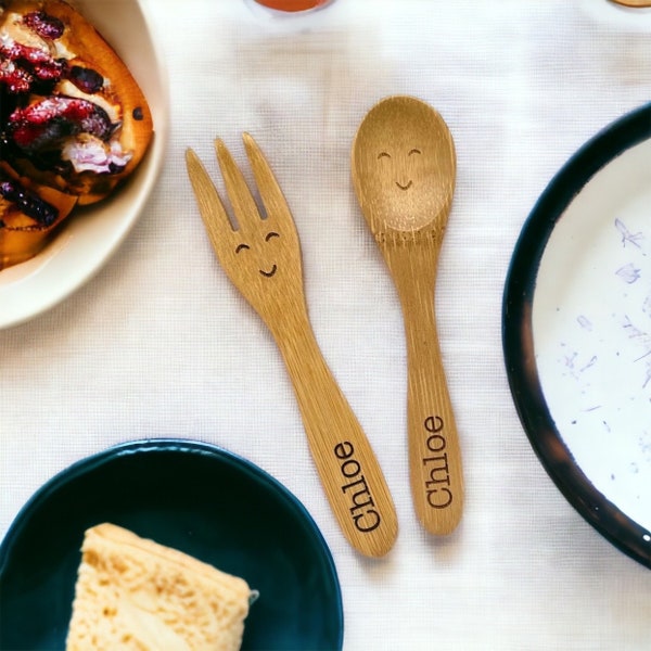 Personalised bamboo children’s toddler cutlery spoon and fork set