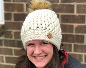 Chunky Winter Hat for adults and teens,  Handmade Removable Faux fur pouf, wool blend winter beanie, crochet hat