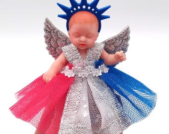 Vestido de fiesta del Día de la Independencia, conjunto de 3 piezas en miniatura para casa de muñecas pequeña, muñeca reborn de silicona de 6,35 cm (escala 1:6), ropa My mini baby zuru (NO INCLUYE MUÑECA).
