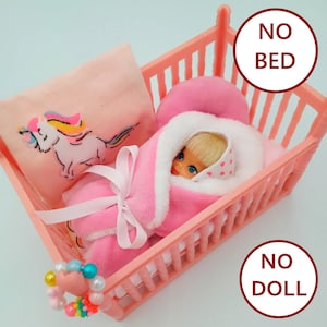 Overalls bonnet nursing pillow 2 blankets  white tape bead toy for Liddle Kiddles baby Doll cosy nursery 7 pcs set NO doll No bed