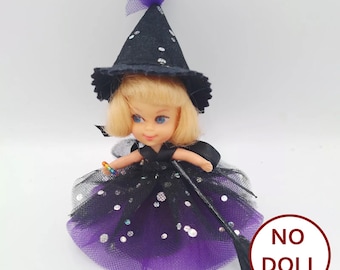 OUTFIT CLOTHES Charming Halloween witch 5 pcs costume for tiny vintage from 60s doll dress hat shoes  NO Doll