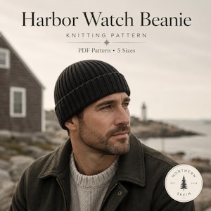 May include: A dark charcoal gray ribbed knit beanie with a folded cuff. The text Harbor Watch Beanie KNITTING PATTERN PDF Pattern 5 Sizes is displayed at the top. A circular logo with a pine tree and the text Northern Skein Est 2018 is visible.