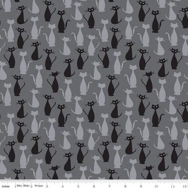 Cats on Black Cotton Fabric - 1/4 yard, 1/2 yard, Remnant - Fat Quarter - 100% Cotton by the Yard
