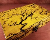 Dice Box and Tray with Flame Maple Veneer Top and Lichtenberg Wood Burn. Stained Yellow.