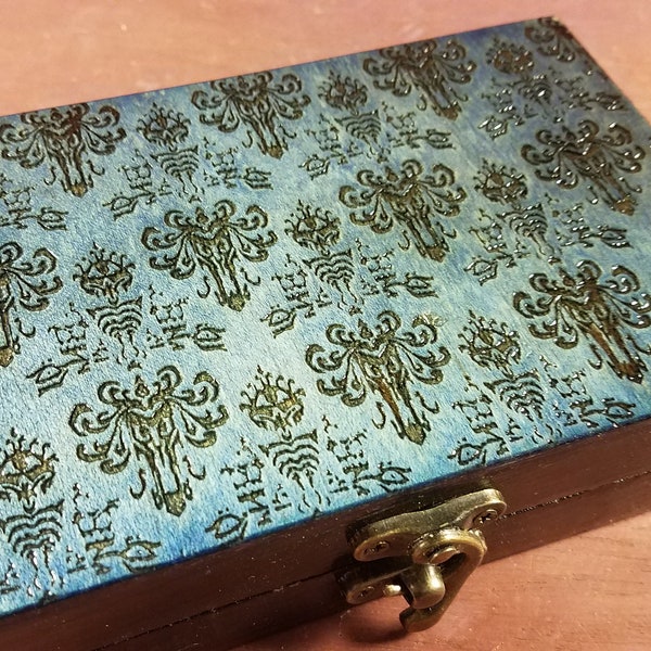 Small Dice Box and Tray with Maple Veneer Top and Haunted Mansion Wallpaper Engraving. Stained Blue on Black.