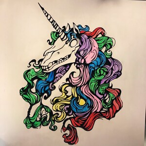 Dead Unicorn - Zombie Unicorn - Unicorn Skull - PVC Board Carving - CNC Sculpture. Rainbow Hair. (Custom colors available)