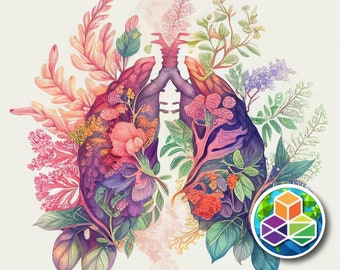 Anatomical lungs blossoming with exotic flowers. Printable File.