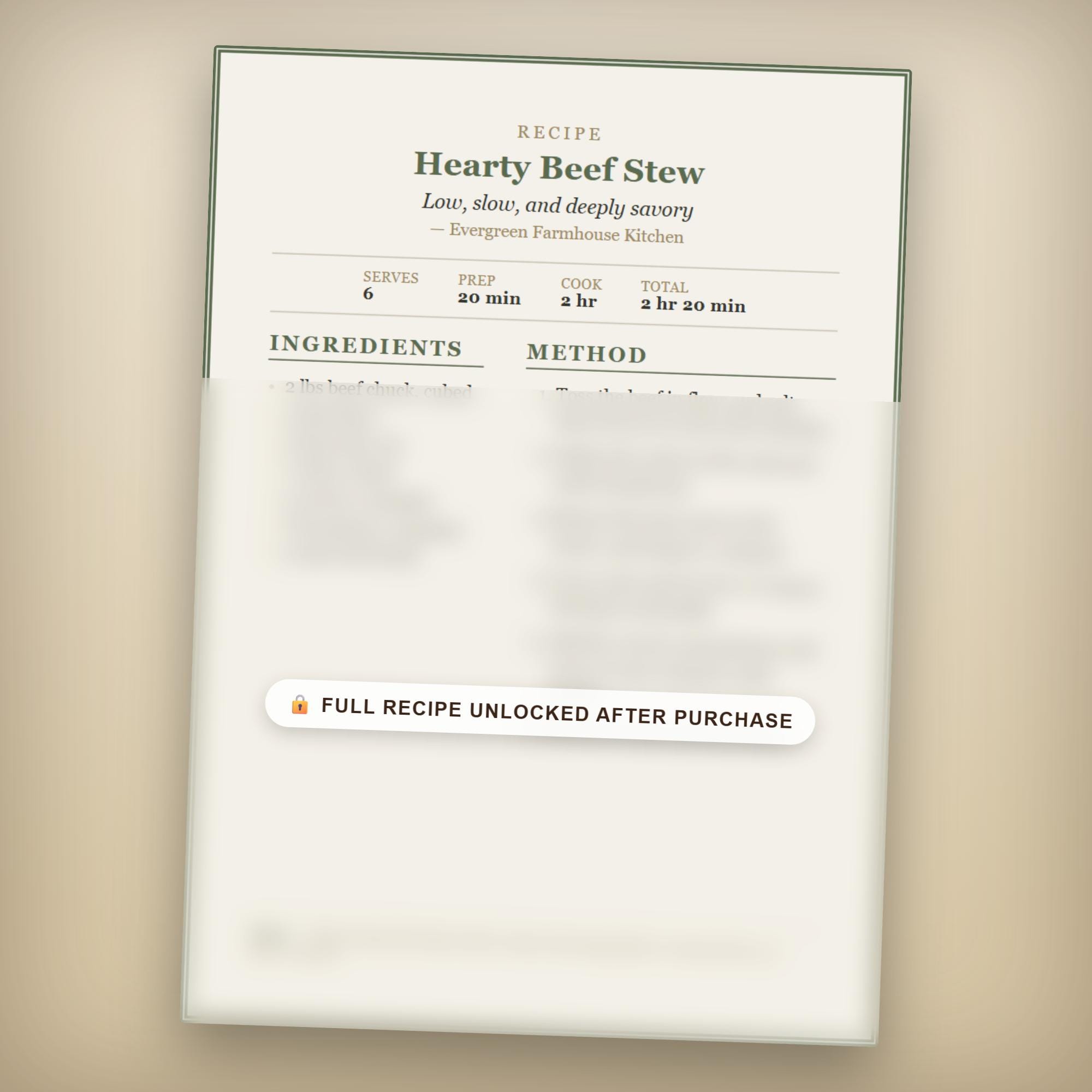 Stew Card Hearty Beef Stew Recipe Card | Printable 5x7