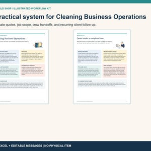 Puede incluir: Un kit de flujo de trabajo digital para empresas de limpieza con dos páginas de texto tituladas A practical system for Cleaning Business Operations y Quote intake: a completed case, incluyendo PDF, Excel y plantillas.