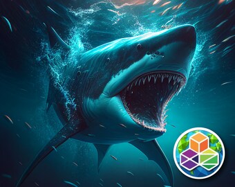 Primer plano vibrante y dinámico de gran tiburón blanco en mandíbulas abiertas con estilo de arte digital colorido. Archivo imprimible.