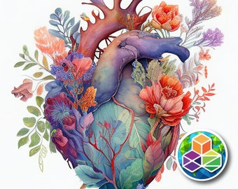 Anatomical heart blossoming with exotic flowers. Printable File.