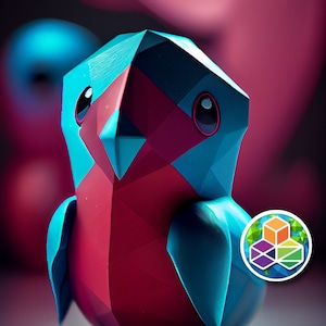 May include: A blue and red geometric bird figurine with large eyes. The figurine is made of a smooth, shiny material and has a low-poly style.