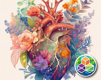 Anatomical heart blossoming with exotic flowers. Printable File.